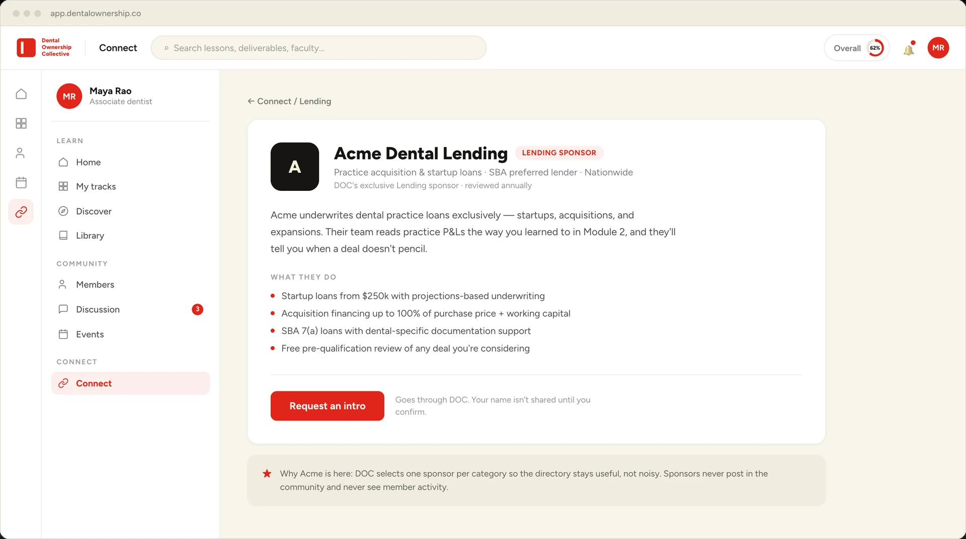 A DOC sponsor profile for Acme Dental Lending with a Request an intro button