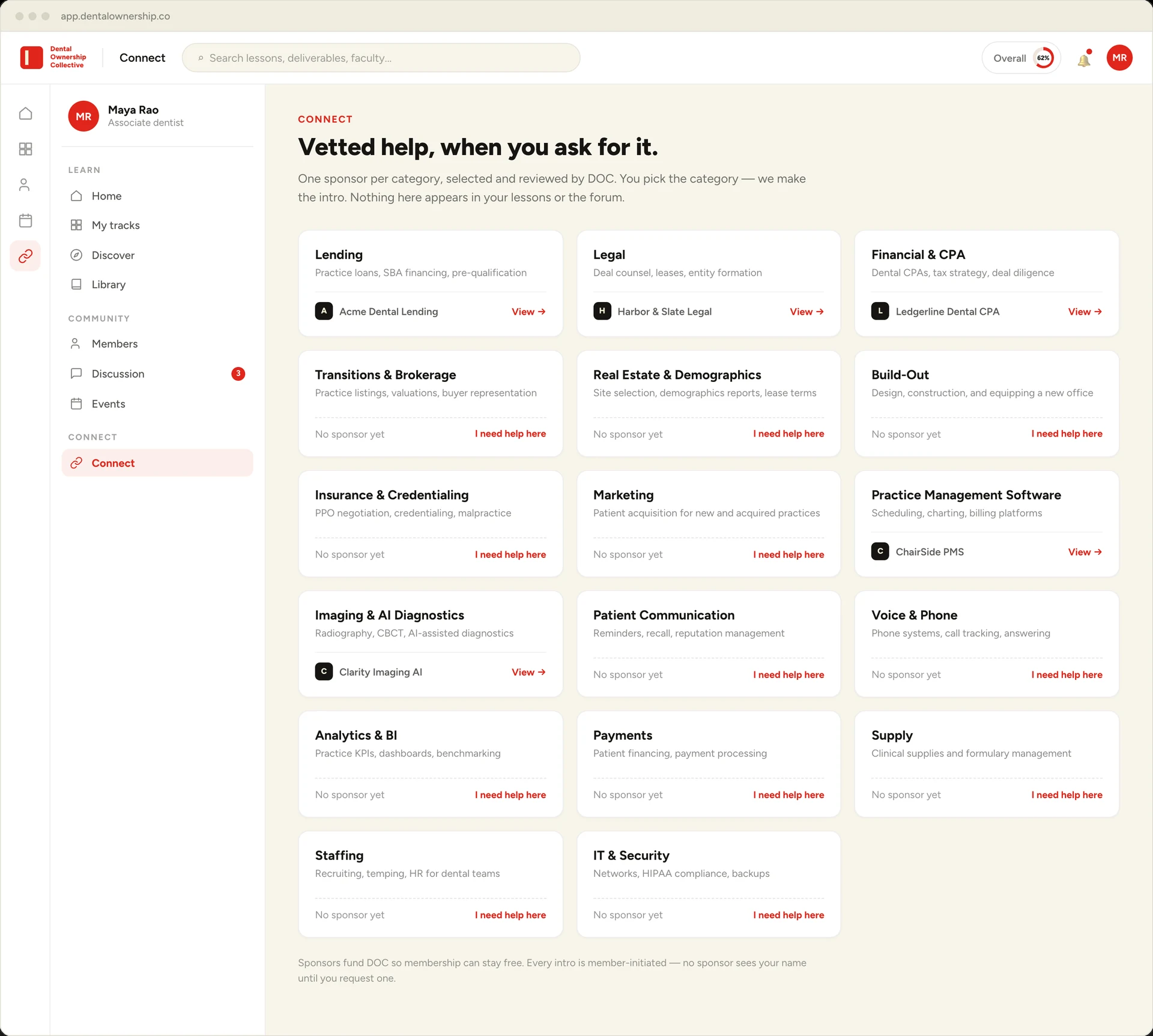 The DOC Connect page showing all seventeen category cards, some with a sponsor and some unclaimed