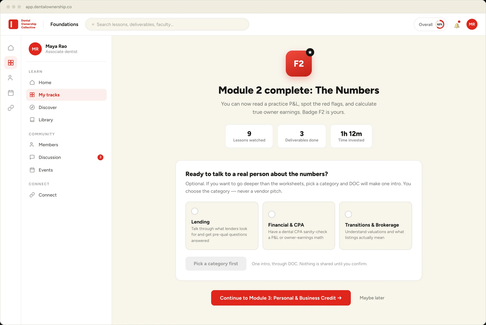 A DOC module completion screen with a neutral category chooser