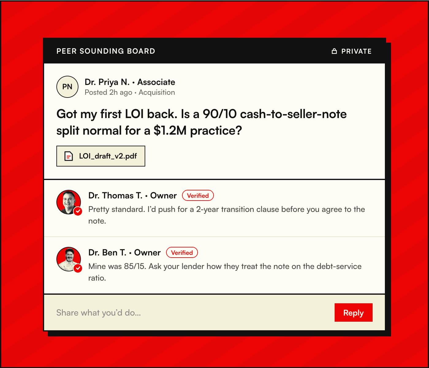 Private thread where an associate shares an LOI and verified owners reply