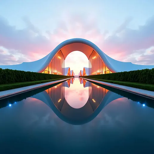 Modern curved building with glowing interior reflected in long, still water at sunset.
