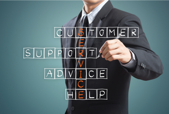 Businessman in suit drawing a crossword puzzle with words customer, support, advice, help, and service highlighted vertically.