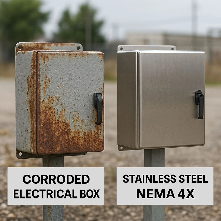 Rusted electrical box vs. corrosion-resistant NEMA 4X unit.