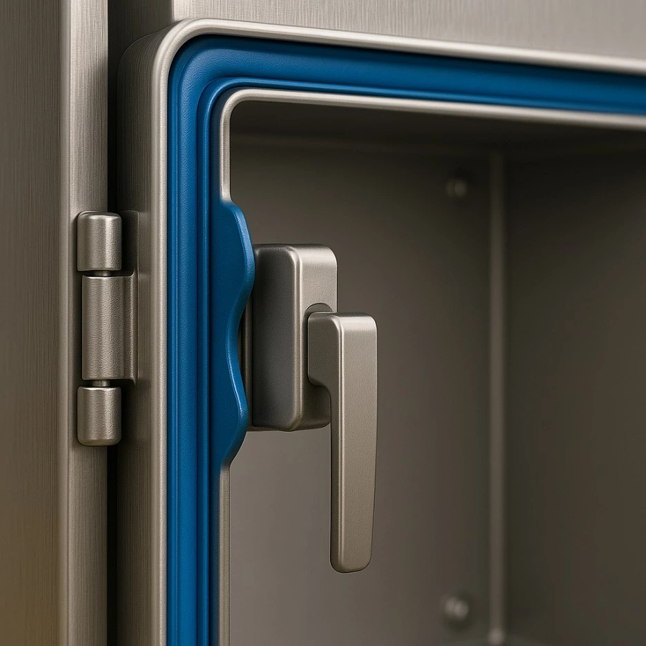 Close-up of sealed door gasket and latch on NEMA 4X enclosure.