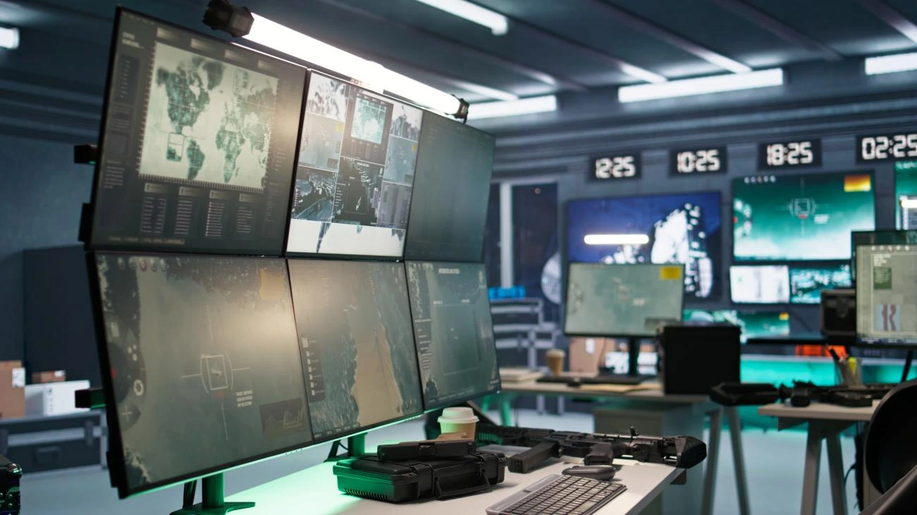 A photo of computer monitors in a modern surveillance control room