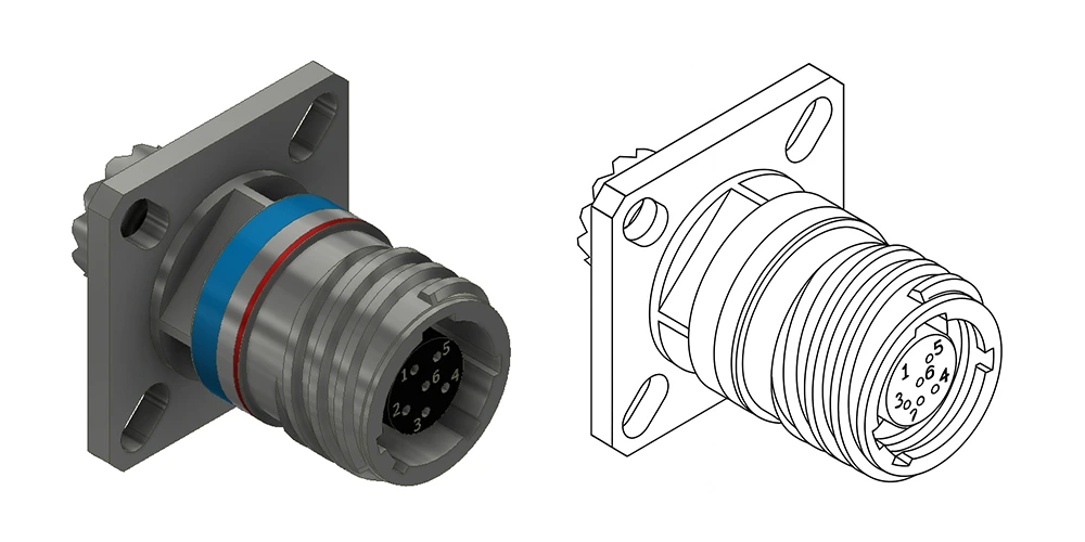 A side-by-side rendering and outline drawing of an military-grade MIL-DTL 38999 I/O connector/