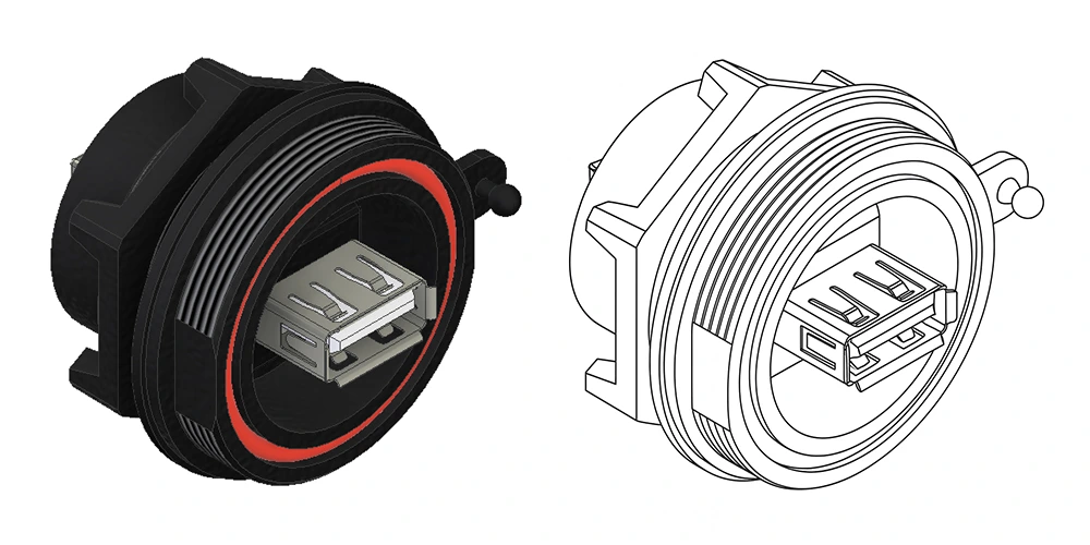 A side-by-side rendering and outline drawing of an industrial-grade Bulgin USB connector
