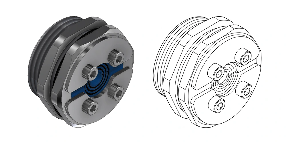 A side-by-side rendering and outline drawing of an industrial-grade Roxtec I/O seal