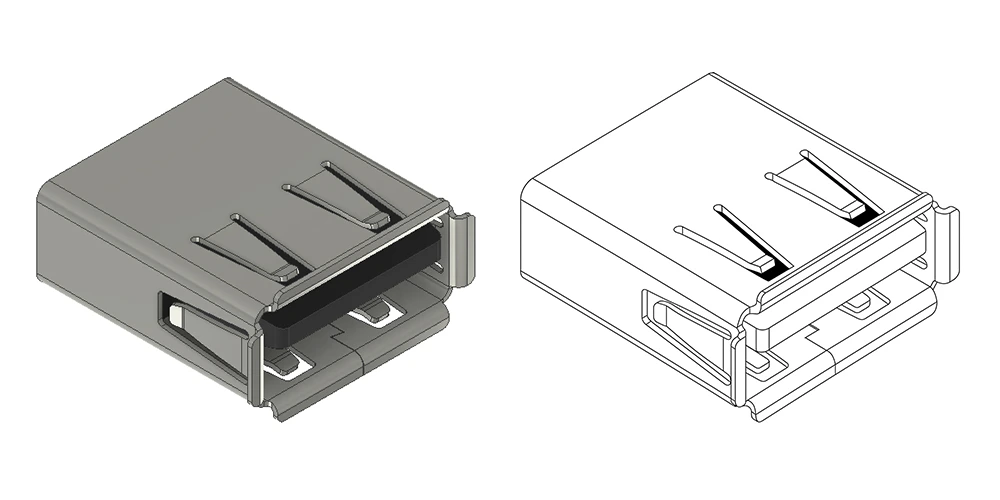 A side-by-side rendering and outline drawing of a consumer-grade standard USB connector