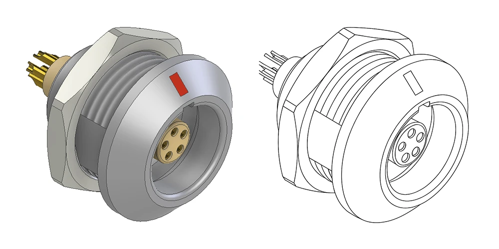 A side-by-side rendering and outline drawing of an industrial-grade LEMO I/O connector