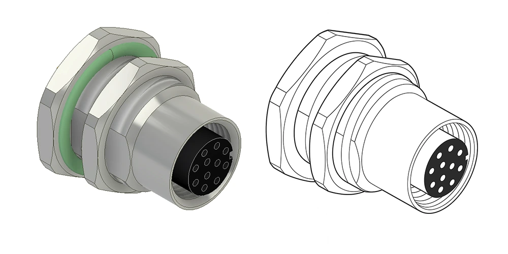A side-by-side rendering and outline drawing of an industrial-grade M-Series I/O connector
