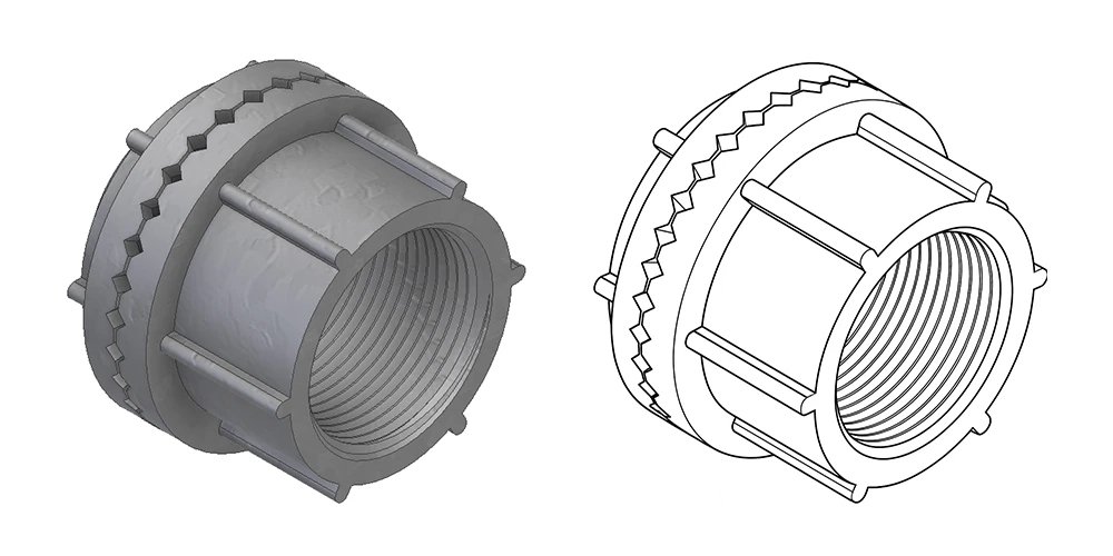 A side-by-side rendering and outline drawing of an industrial-grade conduit hub I/O connector