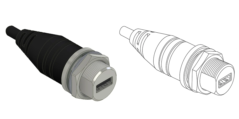 A side-by-side rendering and outline drawing of an industrial-grade waterproof USB connector
