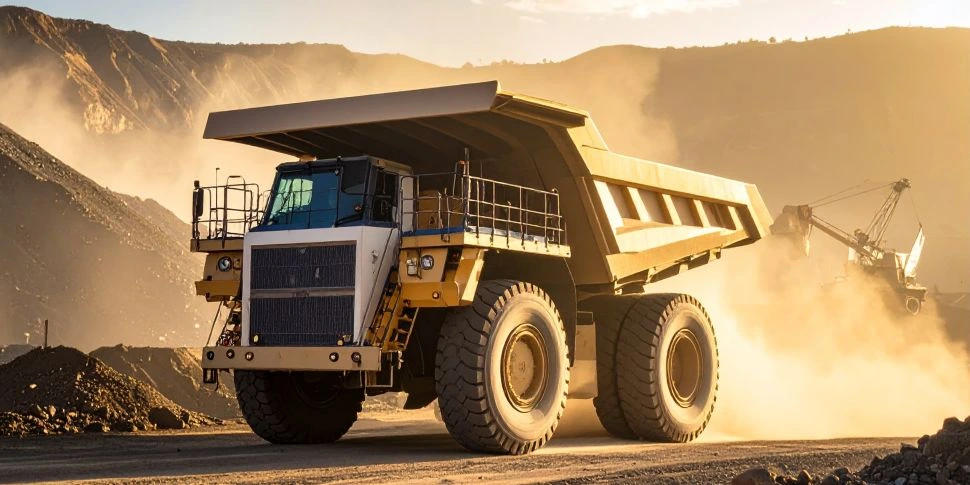 Large mining haul truck operating in dusty open-pit mine with sunset light illuminating the mountainous background