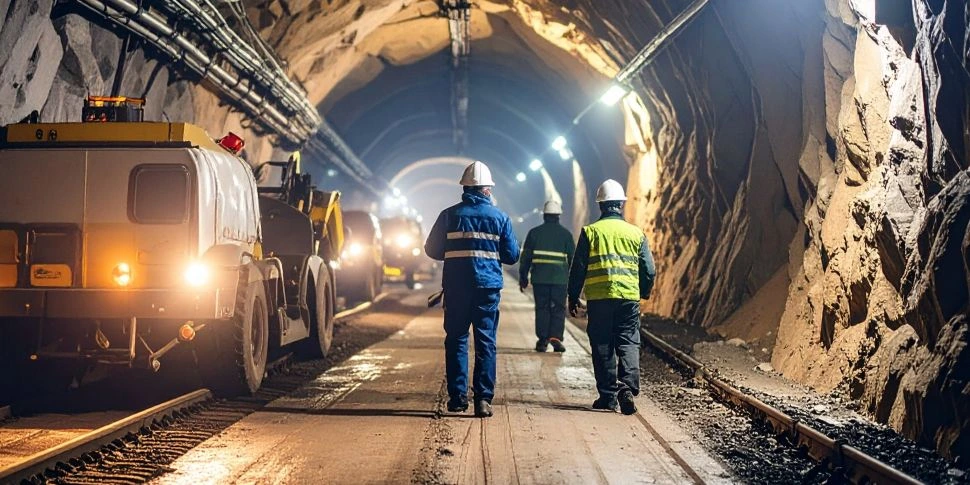 Workers walking through illuminated mining tunnel with heavy equipment and vehicles visible along the pathway.