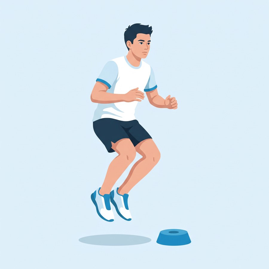 Athlete hopping sideways over a small training cone with knees bent and body compact