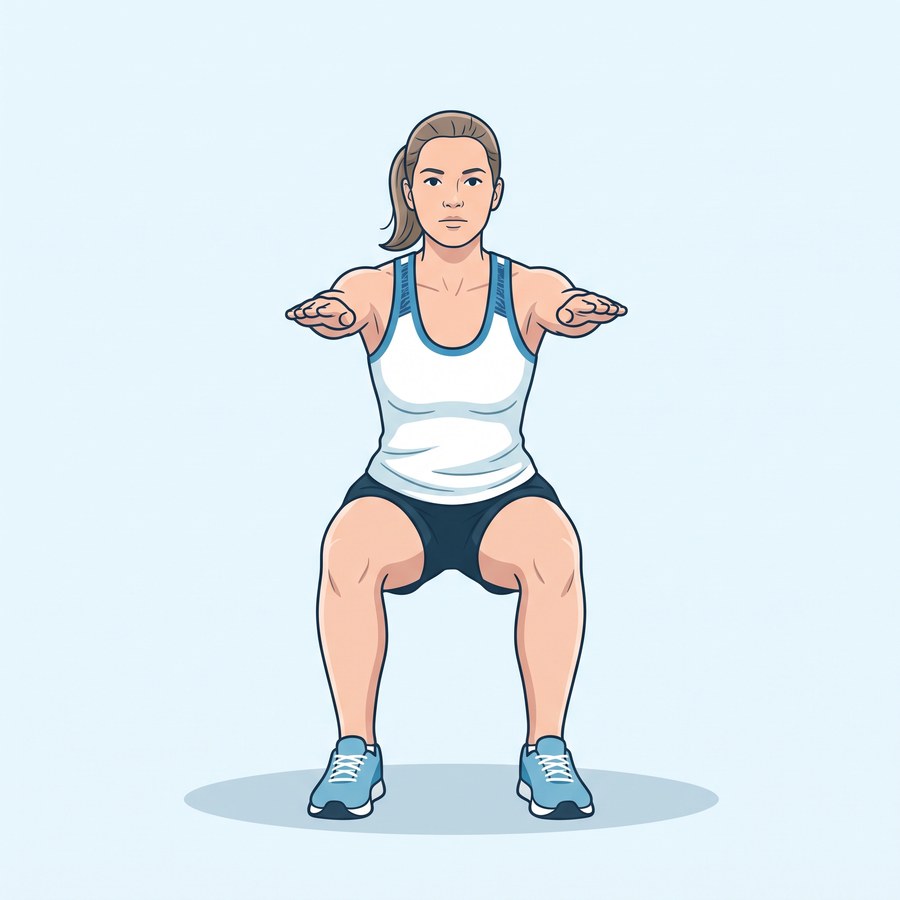 Athlete holding a deep, balanced stuck landing with hips back and knees tracking over the toes