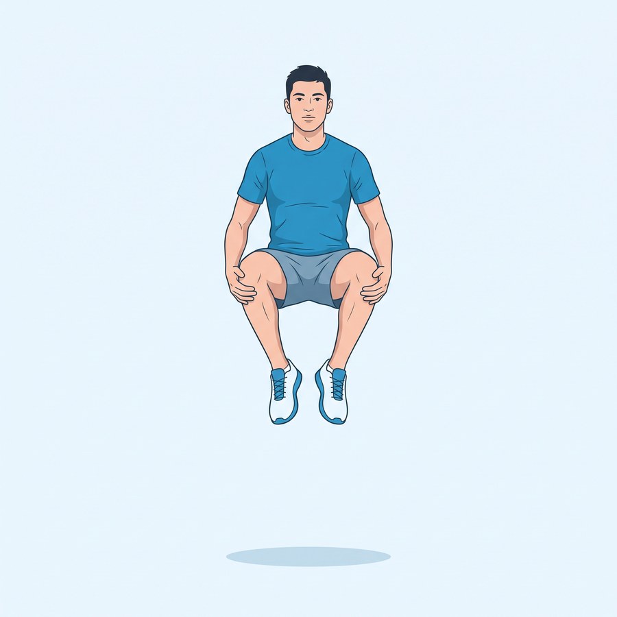 Athlete at the peak of a tuck jump with both knees pulled up toward the chest