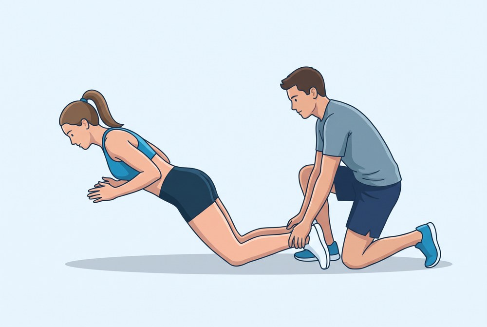 Two athletes performing a Nordic hamstring curl: one kneels and lowers forward in a straight line from knee to shoulder while a partner anchors the ankles