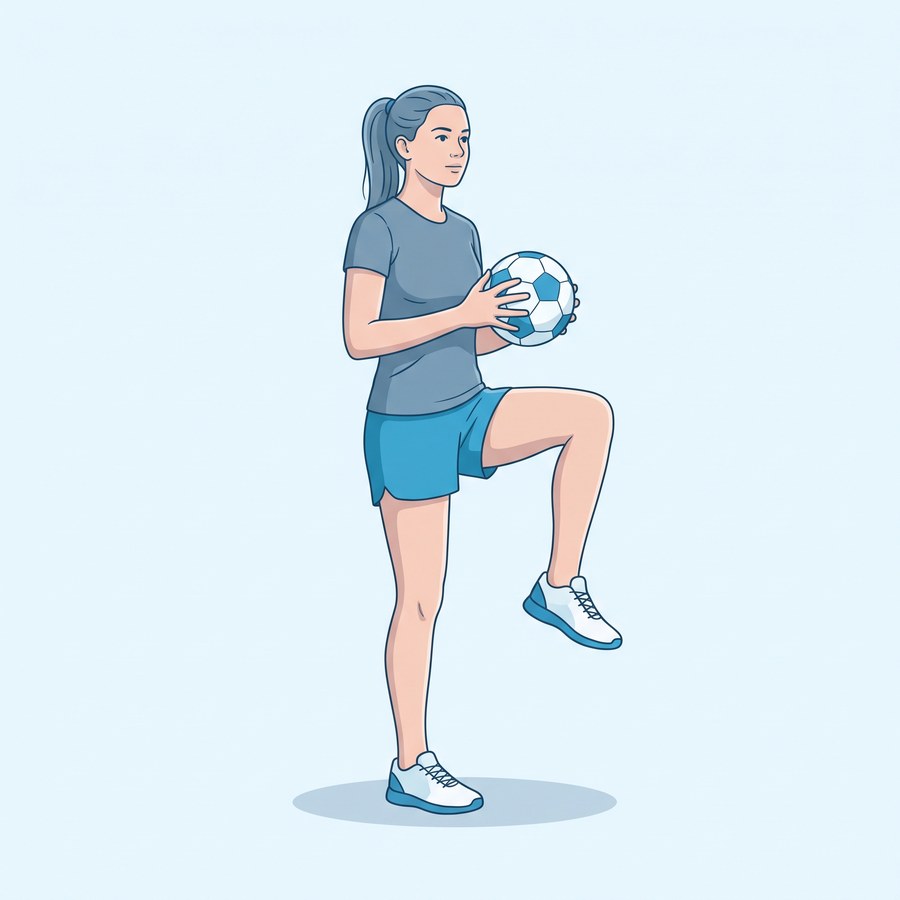 Athlete holding a single-leg balance on a softly bent knee while holding a soccer ball