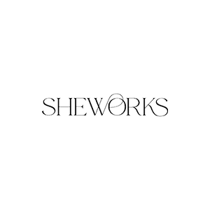 Logo with the word SHEWORKS featuring a stylized letter O.