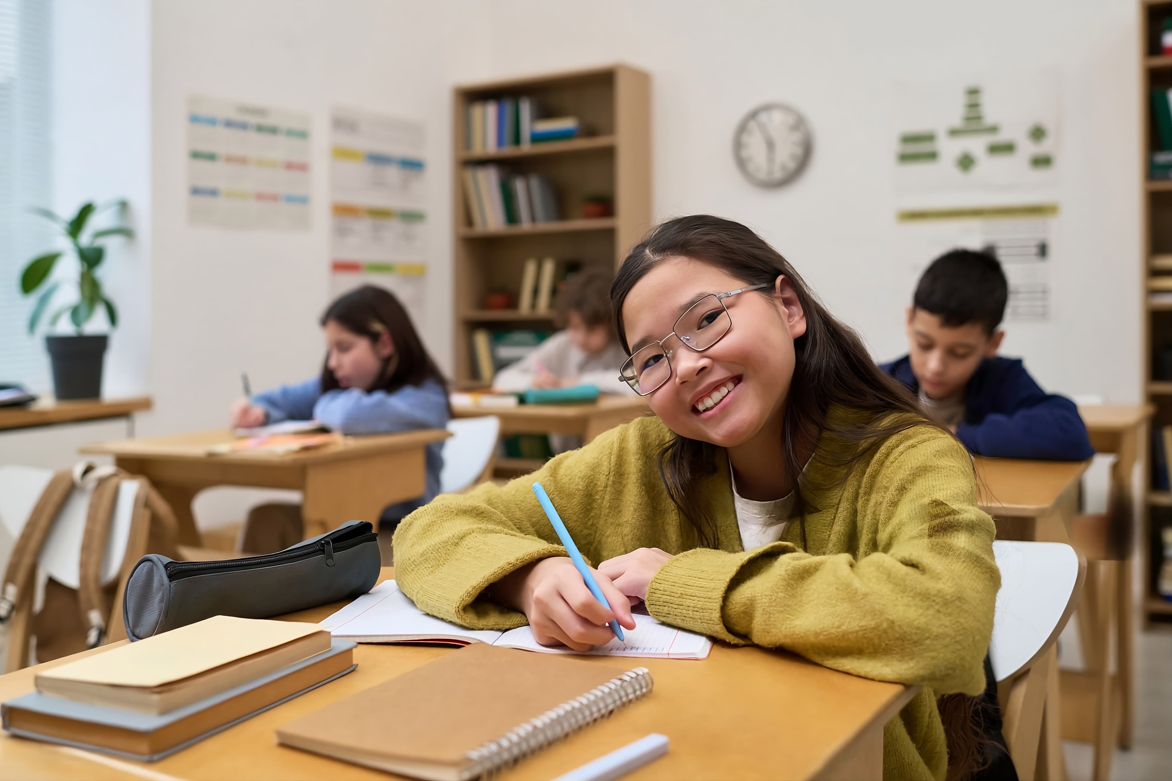 Respire Education | Smiling girl wearing glasses writing in a notebook at her classroom desk.