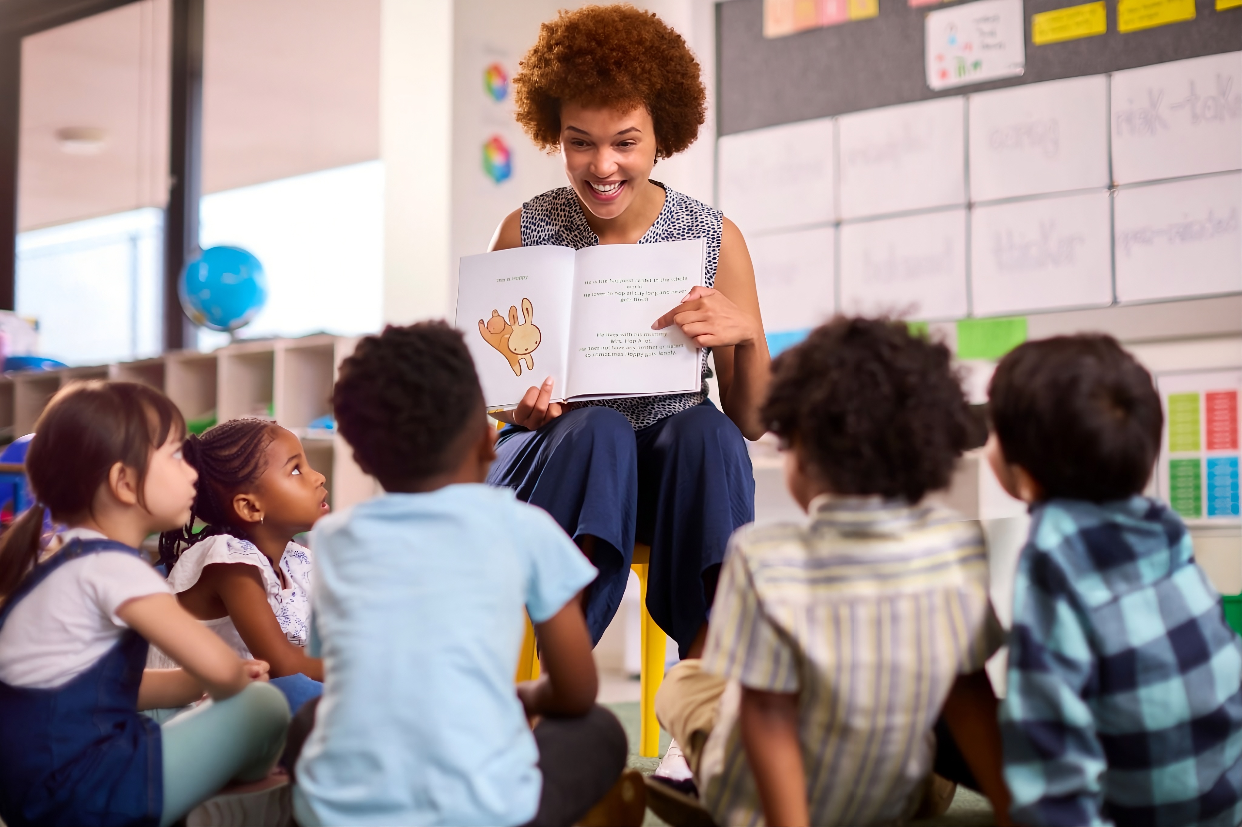Respire Education | Teacher reading a storybook to a group of young children sitting on the floor in a classroom.