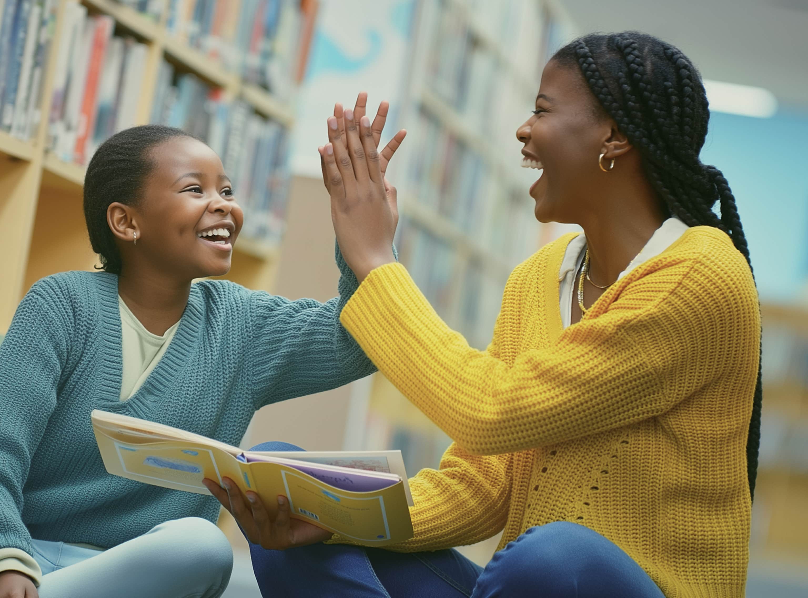 Respire Education | Smiling woman in yellow sweater helping a happy girl read a book in a library aisle.