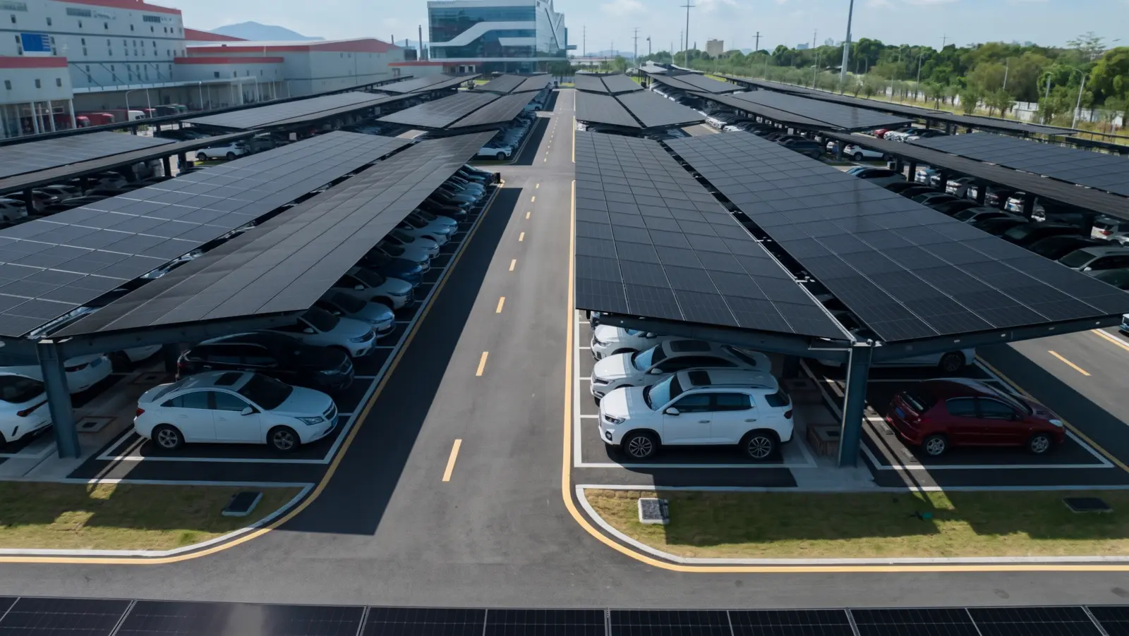 Large commercial solar parking structure