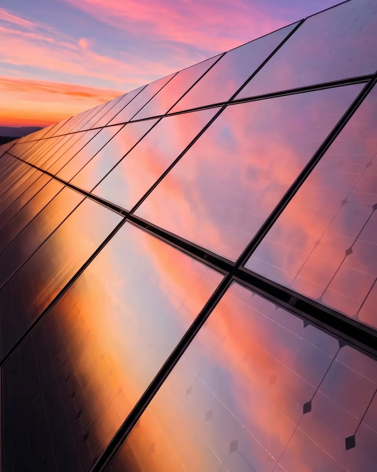 sunset colored clouds reflexion on solar panels