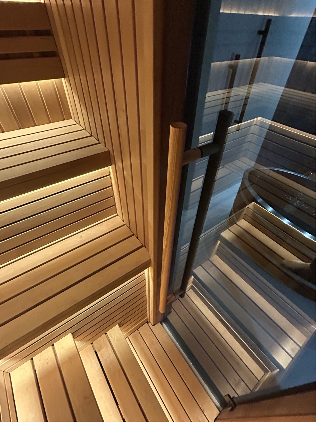 Interior of a custom sauna with glass door and wooden handle.