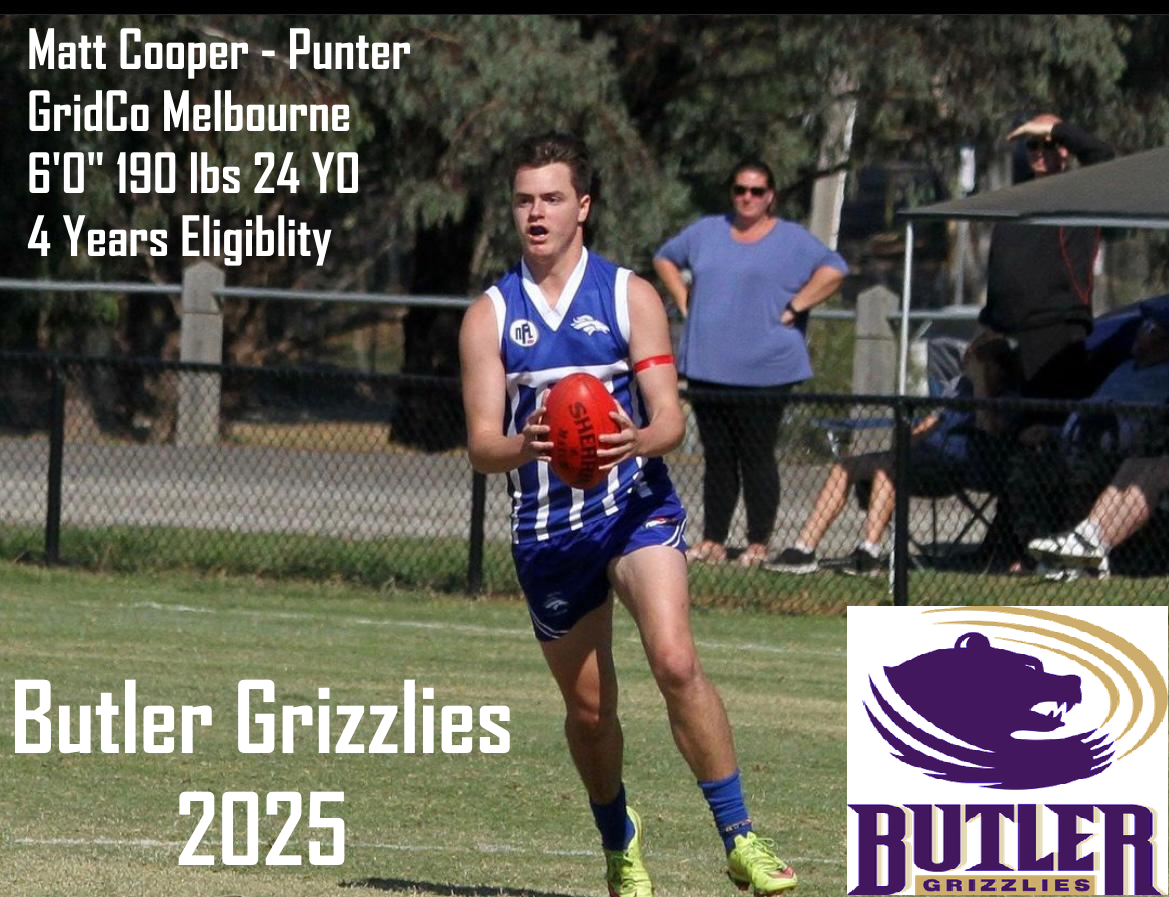 Football player Matt Cooper in blue and white kit holding a red ball on a grassy field, with Butler Grizzlies logo.