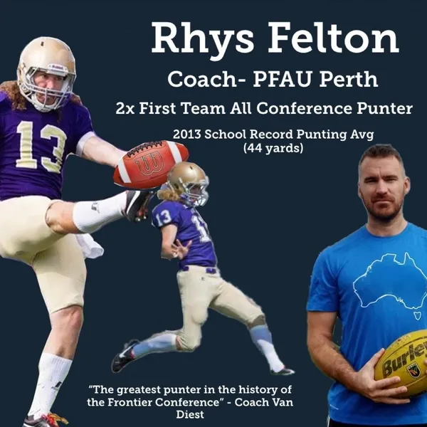 Rhys Felton in football gear punting ball and casual wear with quote as PFAU Perth coach and record punter.