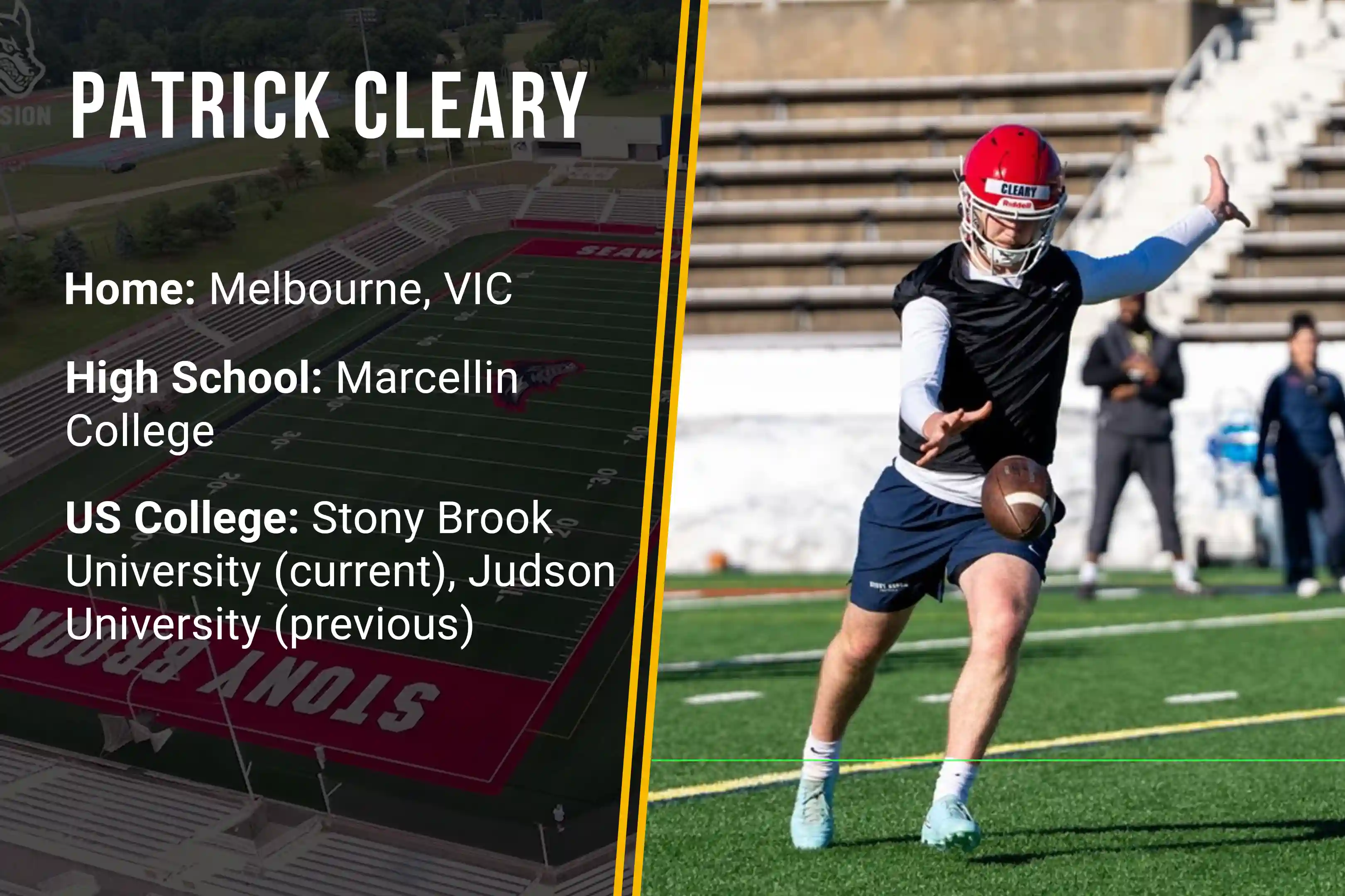 Patrick Cleary kicking a football on a field wearing a red helmet, black vest, and blue shorts.