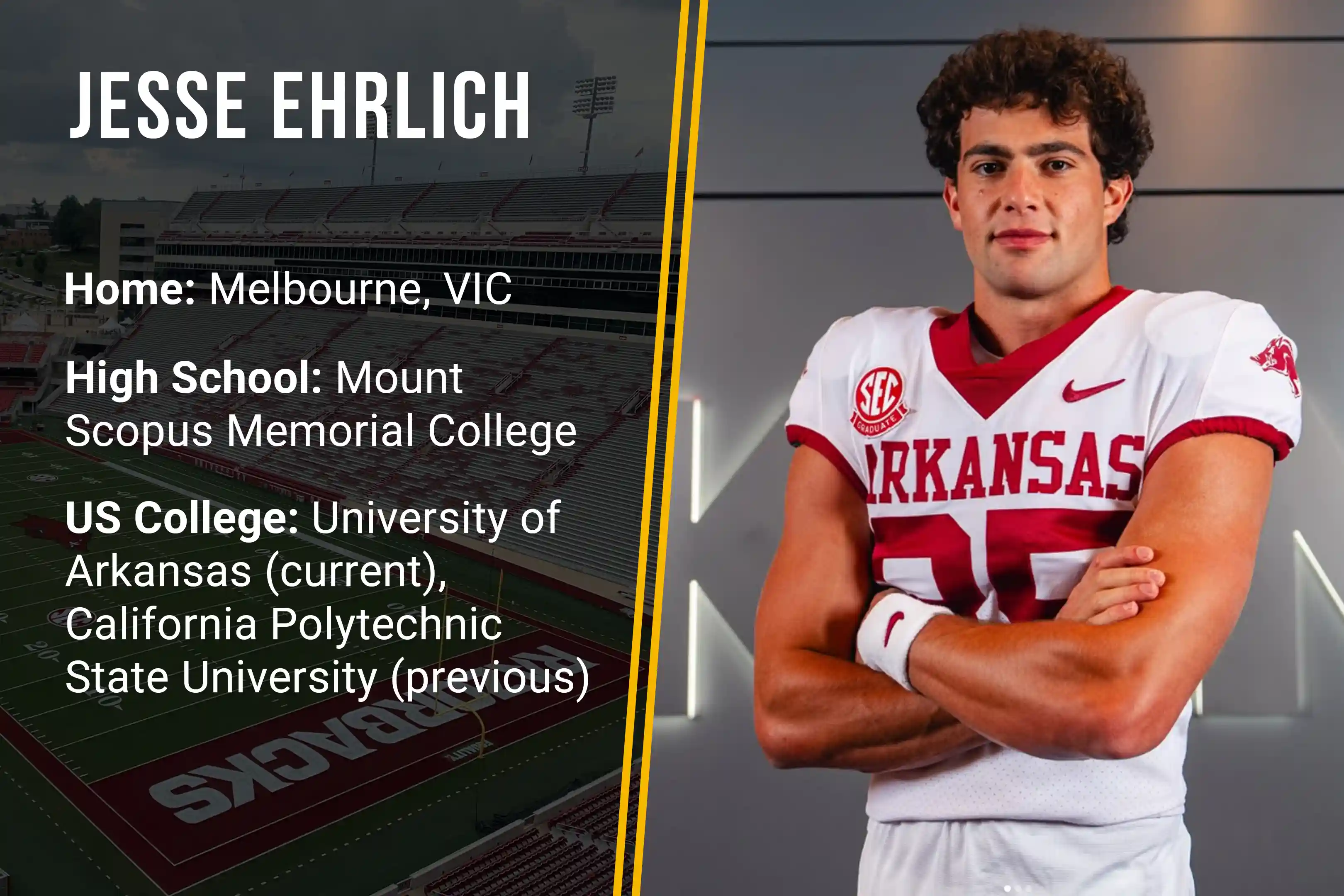 Football player Jesse Ehrlich in Arkansas jersey with info on Melbourne home, schools, and US colleges.
