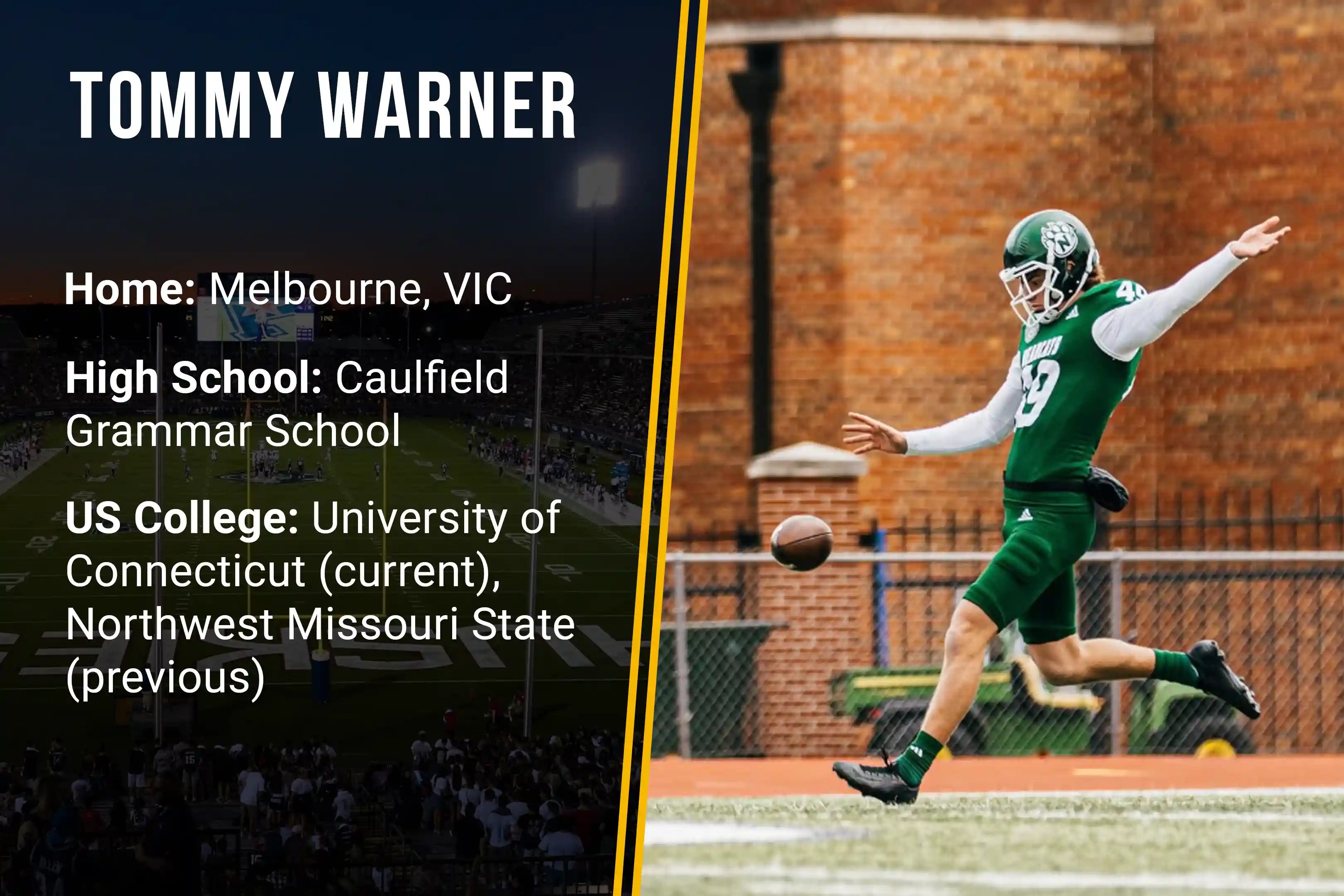 Football player Tommy Warner in green uniform kicking ball on field near brick wall.