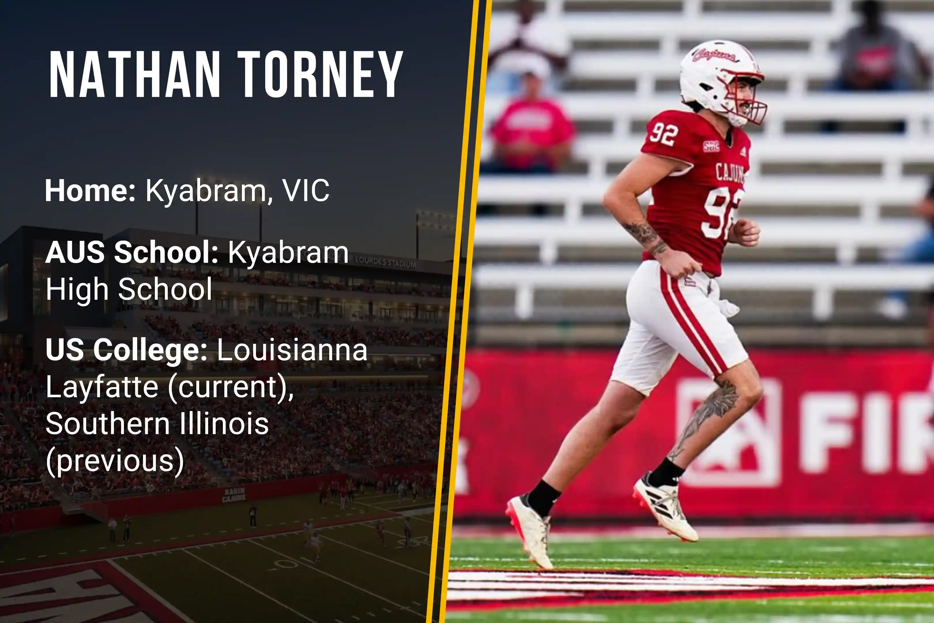 Football player Nathan Torney wearing number 92 in red and white uniform running on a field.