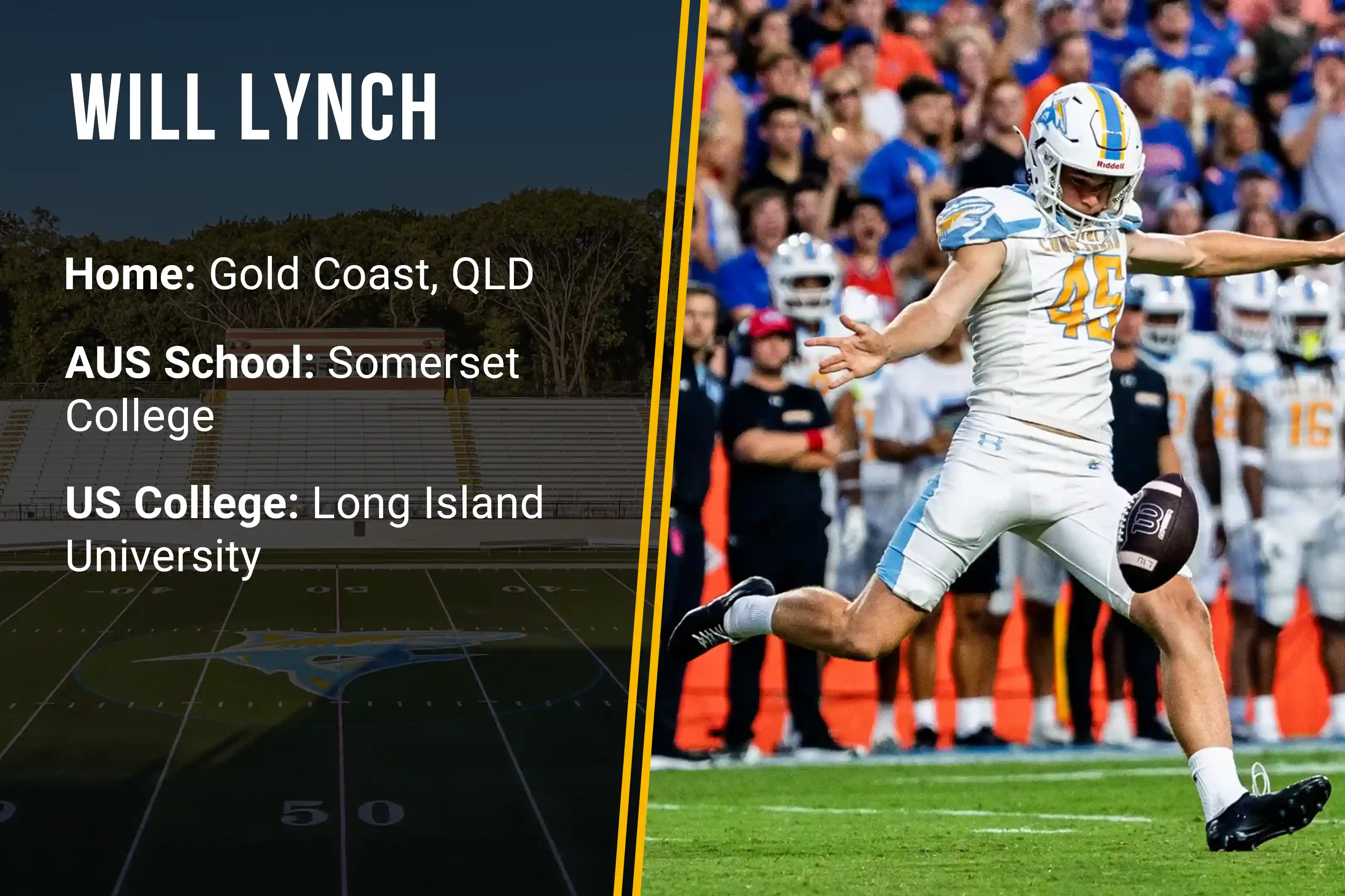 Football player Will Lynch kicking ball on field in white uniform with number 45 and helmet.