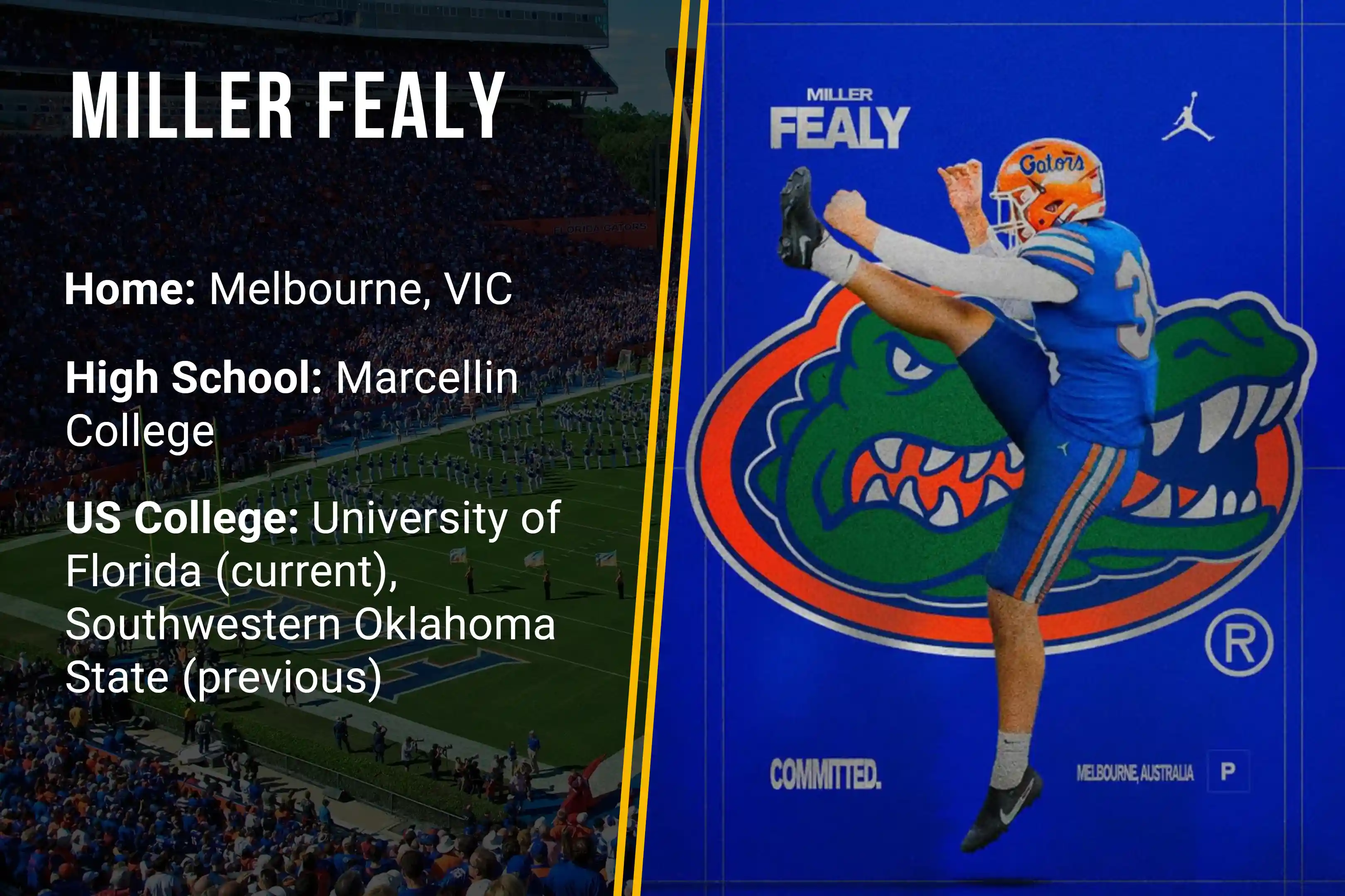 Football player Miller Fealy kicking with University of Florida Gators logo on blue background.