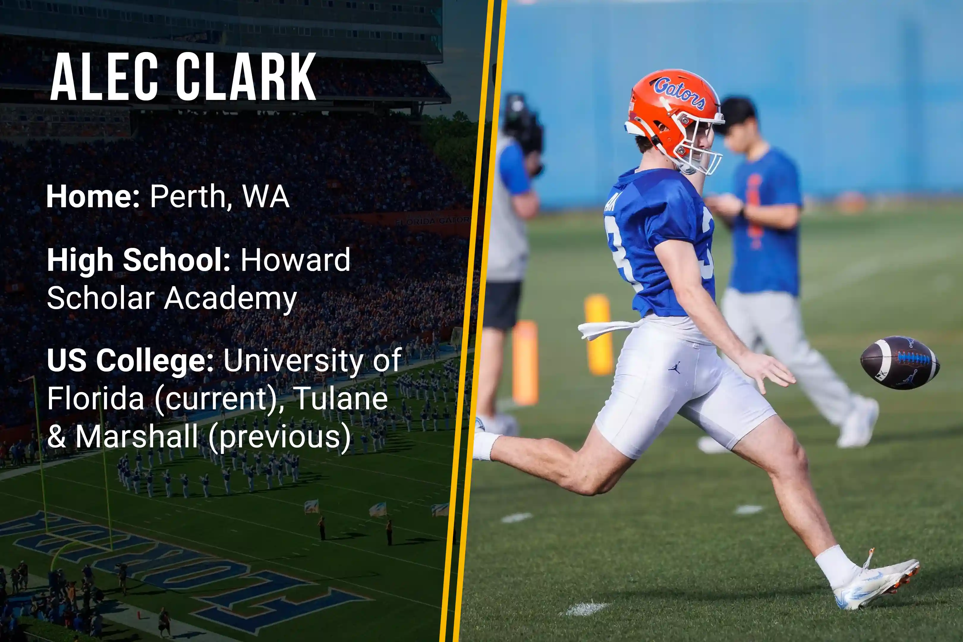 Football player Alec Clark kicking ball wearing Gators helmet and blue jersey on field.