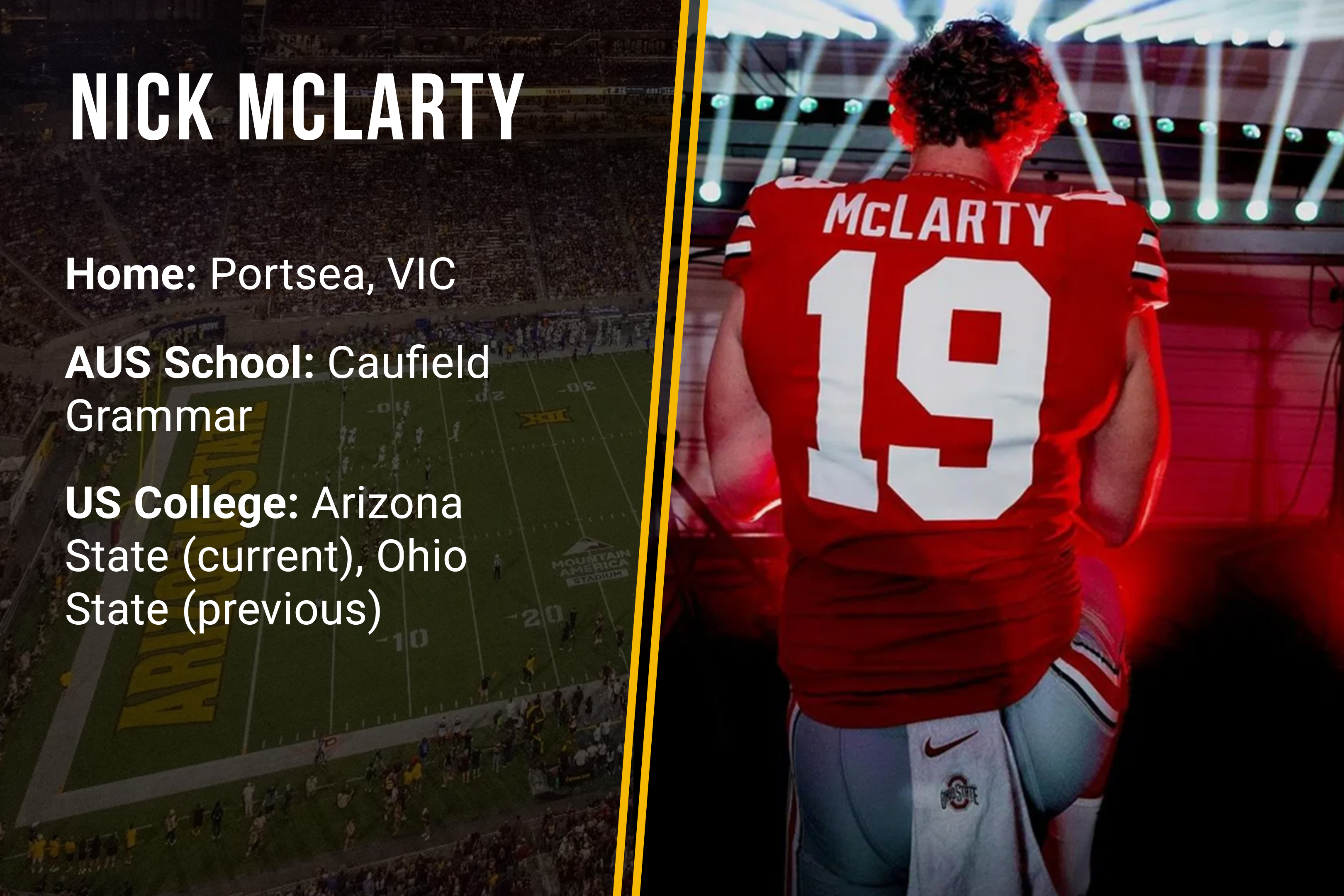 Football player McLarty wearing number 19 Ohio State jersey facing away with stadium lights above.