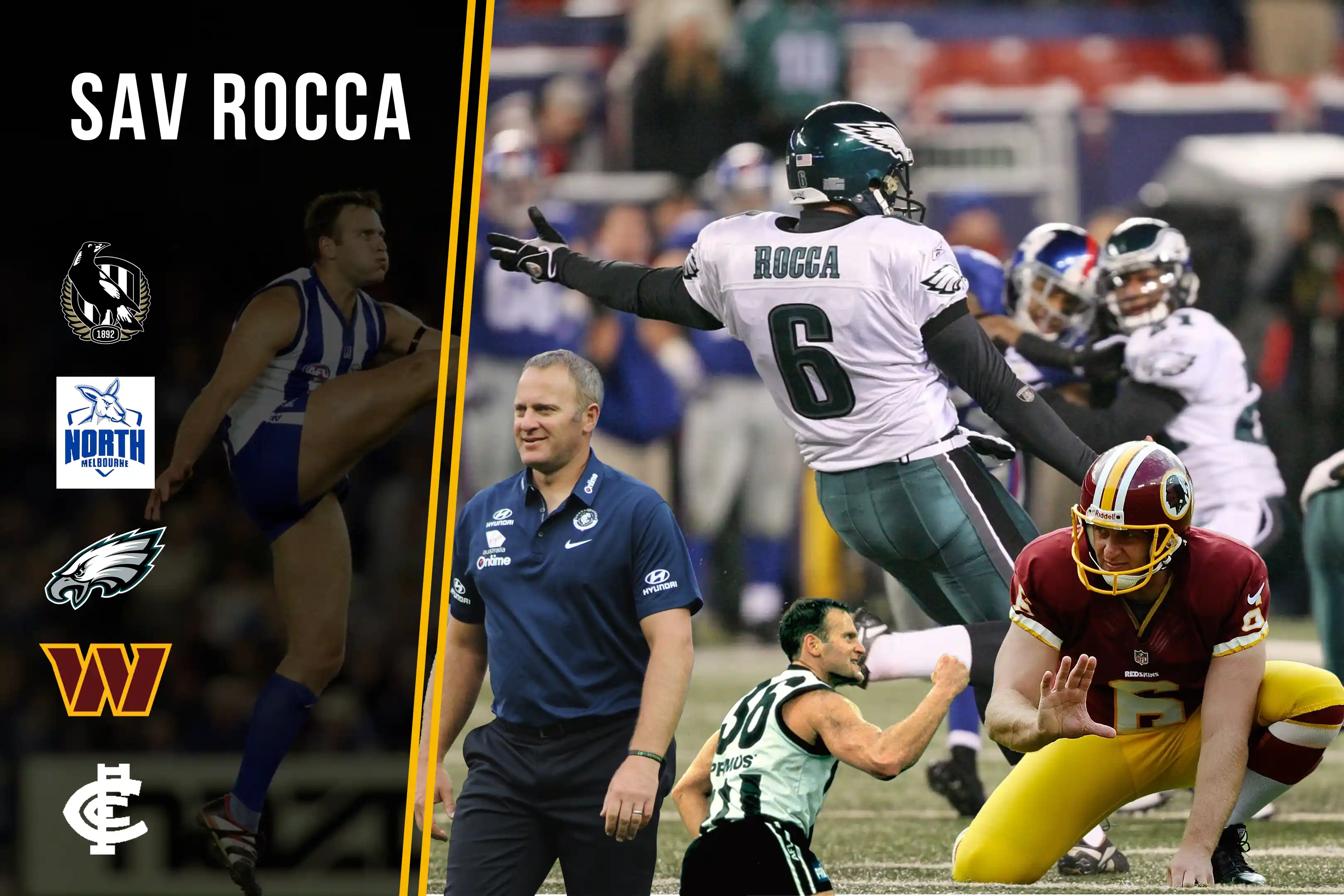 Collage of Sav Rocca in Australian football, coaching, and American football kicking action.