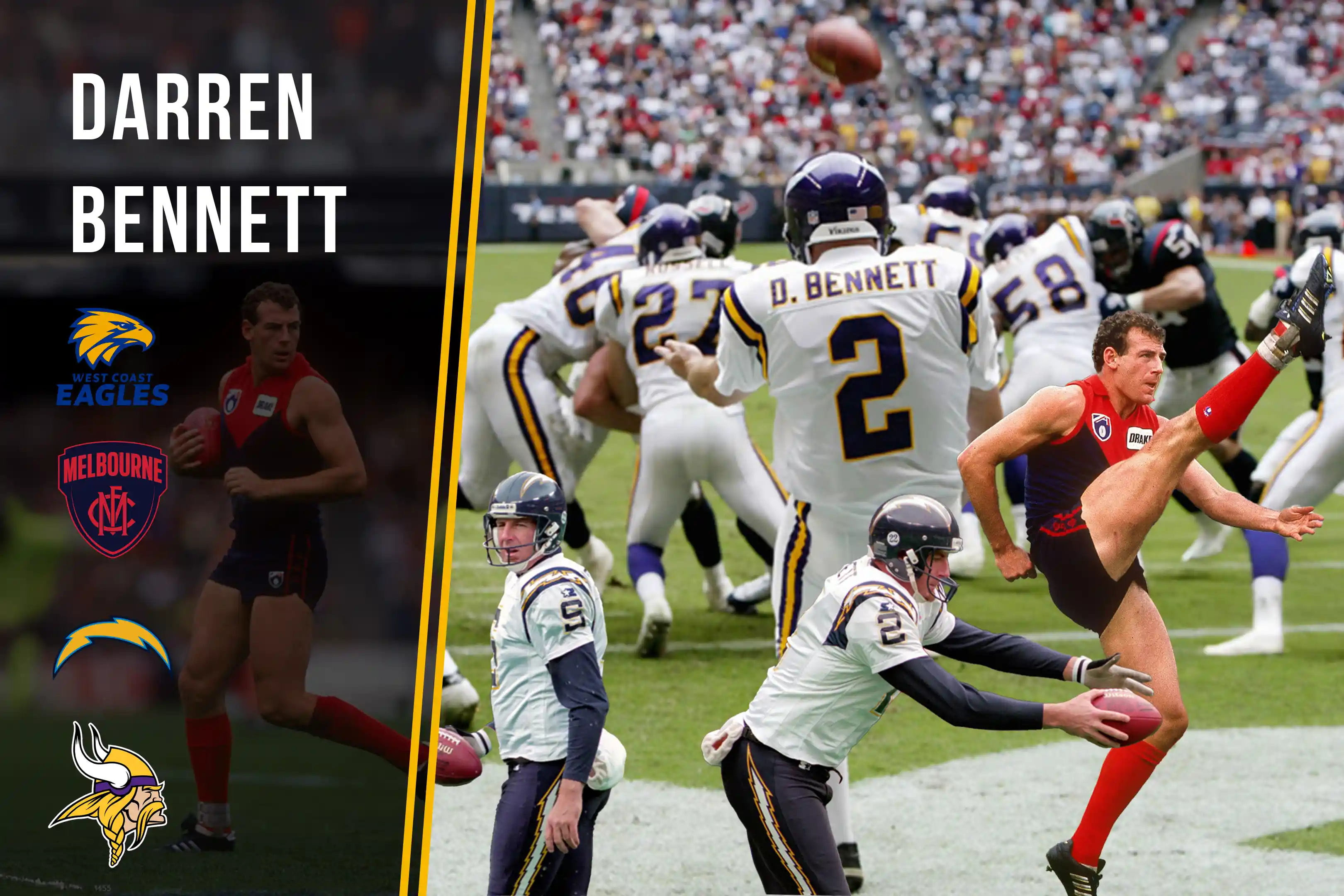 Collage of Darren Bennett playing Australian football and American football in action on field.