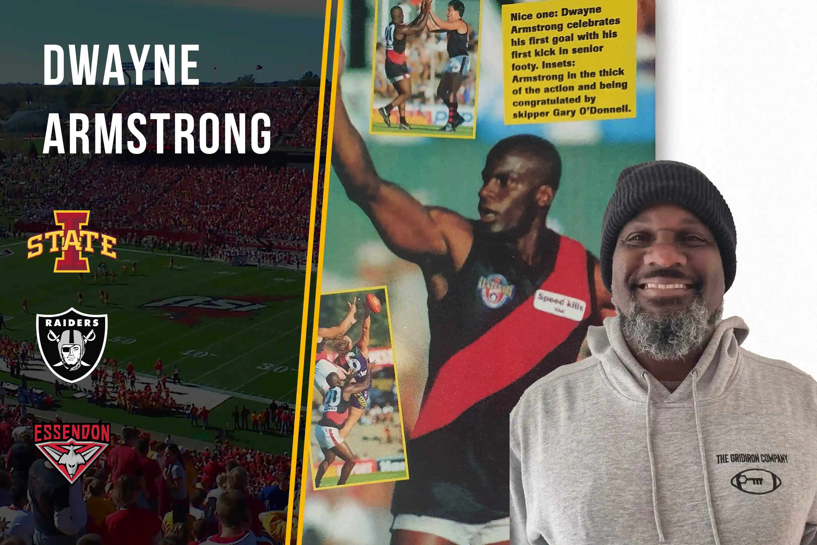 Smiling man in beanie and grey hoodie beside vintage football images of Dwayne Armstrong in action.