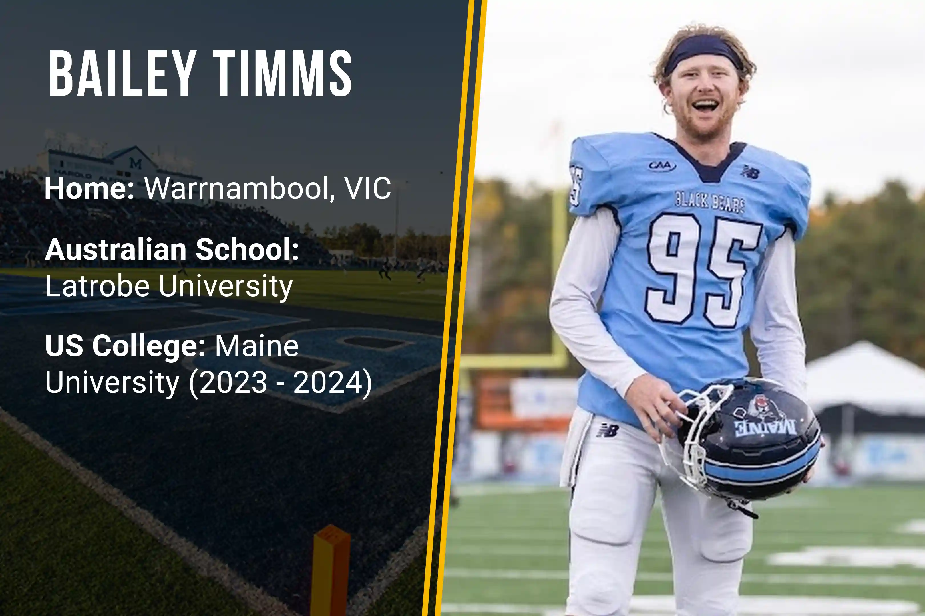 Football player Bailey Timms in blue jersey 95 holding a helmet on a football field.