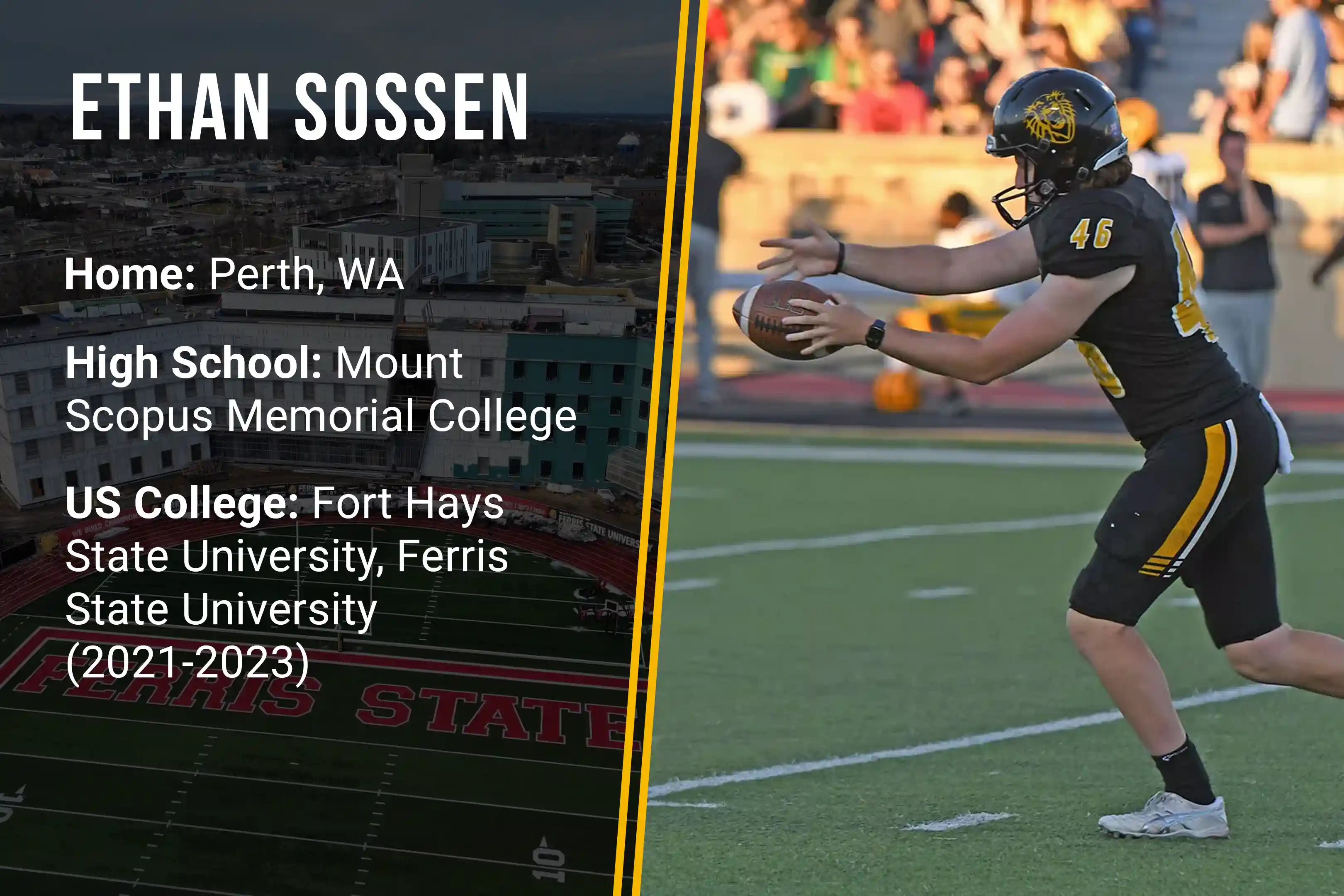 Football player in black and yellow uniform about to punt ball on field with crowd in background.