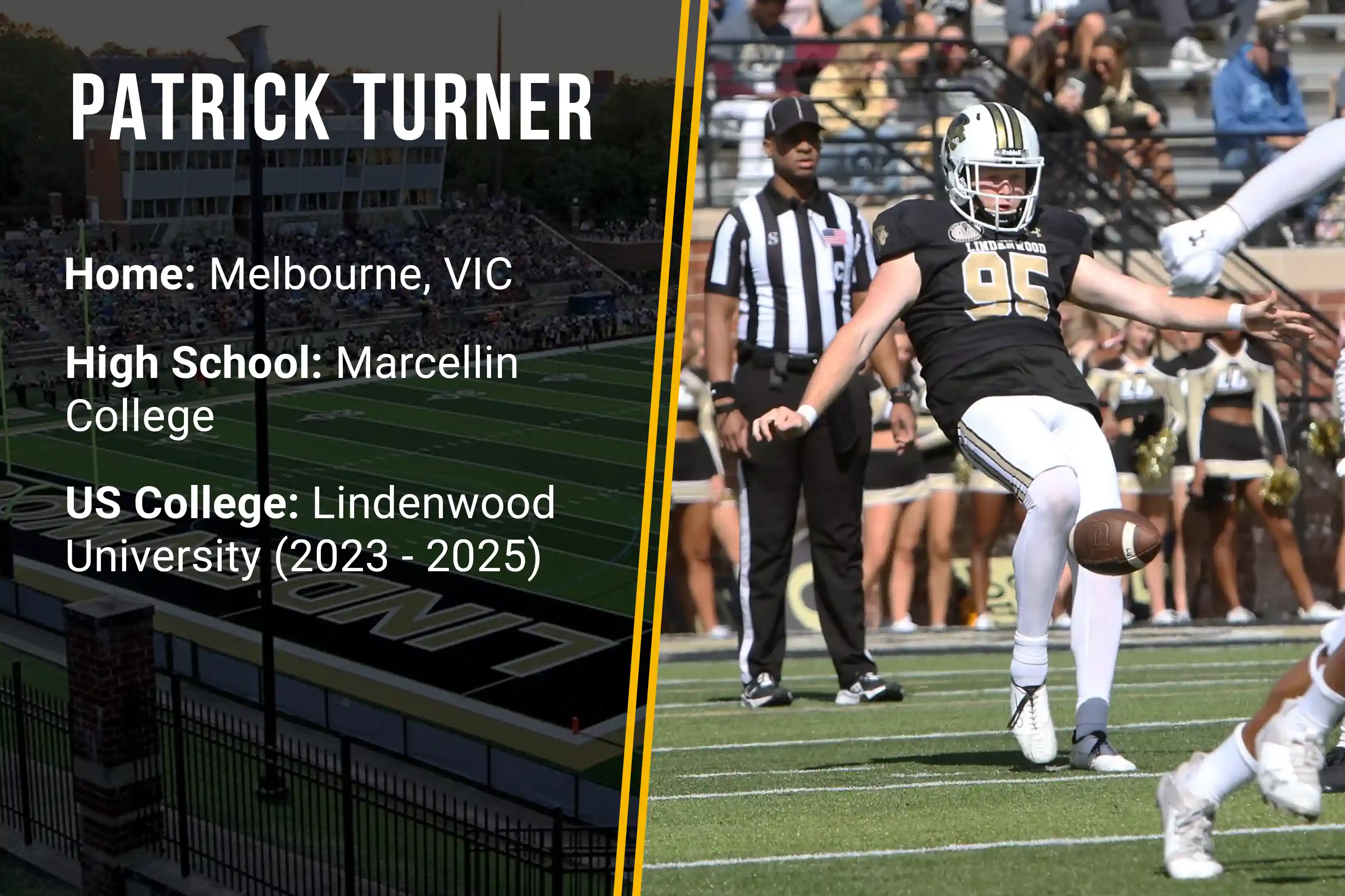Football player Patrick Turner in black and gold uniform kicking a football on field with referee nearby.