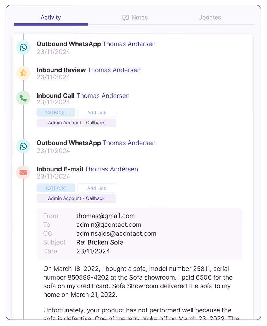 Activity screen showing outbound WhatsApp, inbound review, call, WhatsApp, and email from Thomas Andersen.