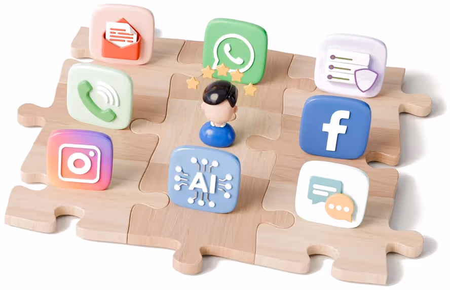 Wooden puzzle with icons for email, phone, Instagram, WhatsApp, AI, Facebook, and chat around a person figure.