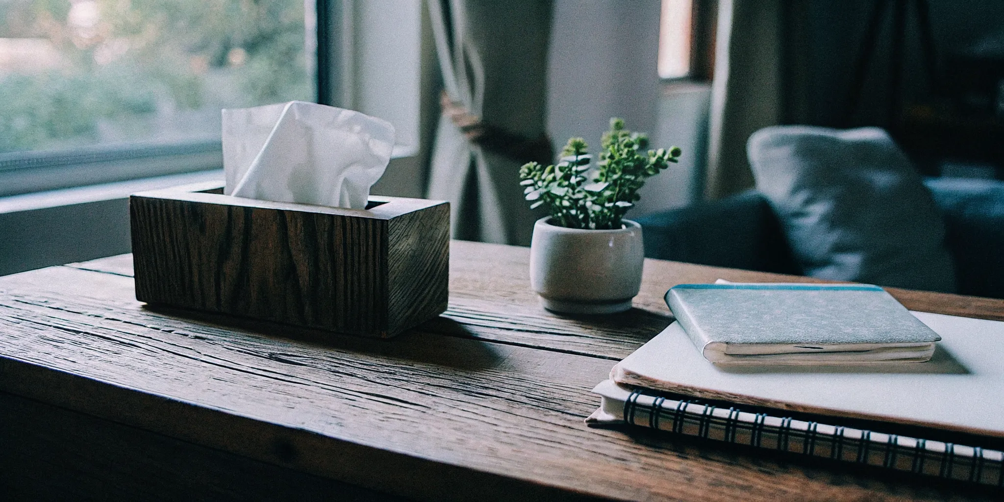 A neat wooden table with a small plant, tissue box, and counseling notebook in a therapy office